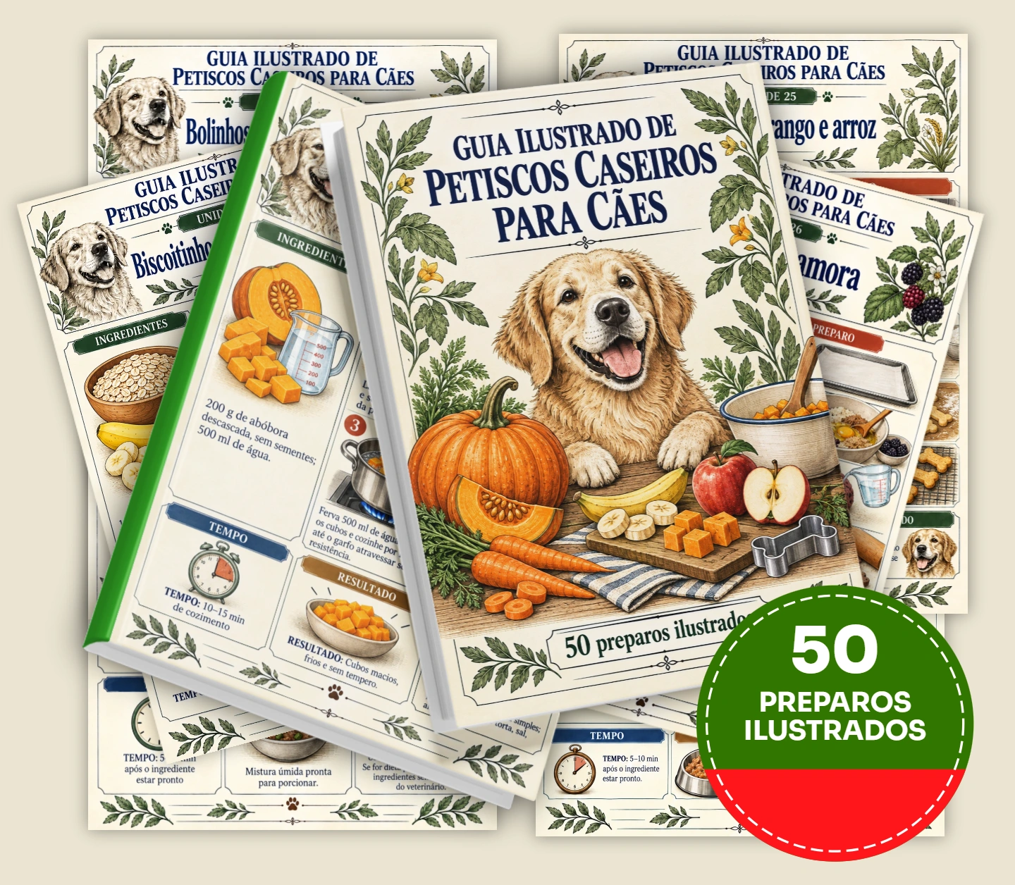 Descubra como fazer petiscos e receitas naturais para seu cão através de 50 guias visuais